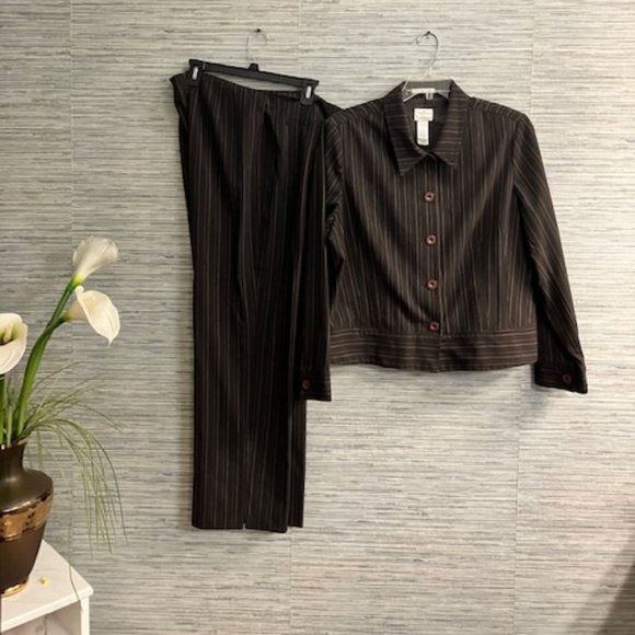 EMMA JAMES - Size XL 14/18  - Two Piece Pin Stripe Brown Career Pant Suit - EUC! - Picture 1 of 13